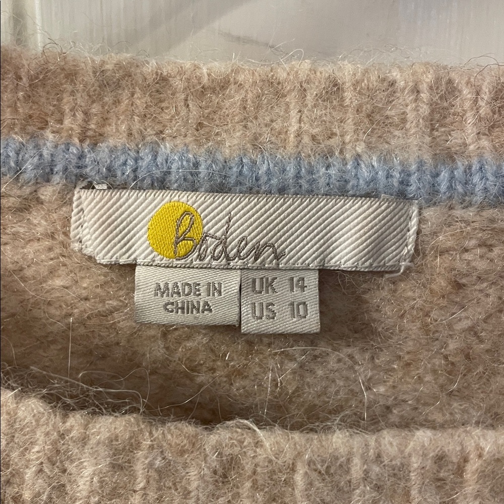 Boden Light Gray Crewneck Sweater with Pink & Blue Cuff Stripes - Picture 8 of 9